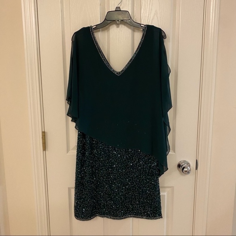 J Kara Asymmetrical-Overlay Embellished Dress in Hunter Green - Picture 10 of 11